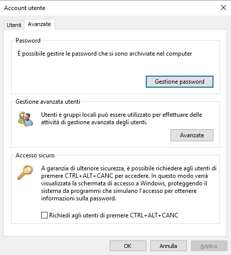 Windows 10 richiede CTRL + ALT + CANC per lo sblocco? Come evitarlo 1