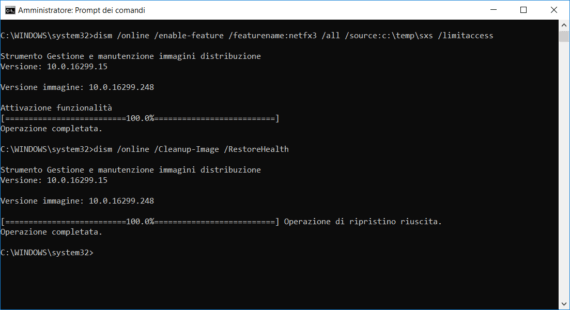 .NET Framework 3.5 e Windows 10, come risolvere l'errore 0x800F081F 1