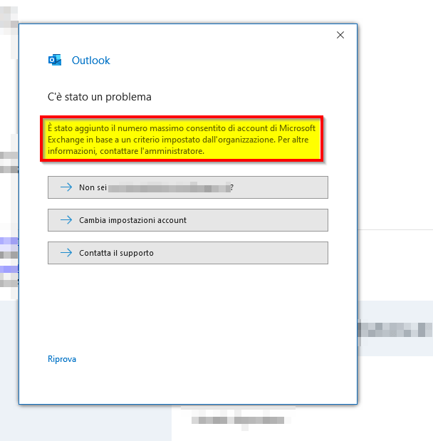Outlook: numero massimo consentito di account di Microsoft Exchange