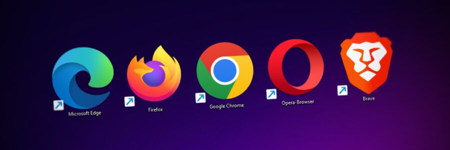 Screen with browsers on Desktop: Microsoft Edge, Firefox, Google Chrome, Opera-Browser and Brave