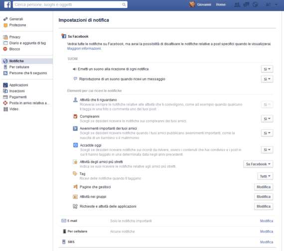 Facebook: modificare le notifiche da ricevere