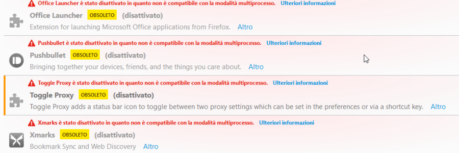 Firefox: estensioni disattivate perché non multiprocesso