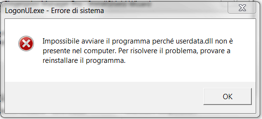 LogonUI.exe: Impossibile avviare il programma perché userdata.dll non è presente nel computer.