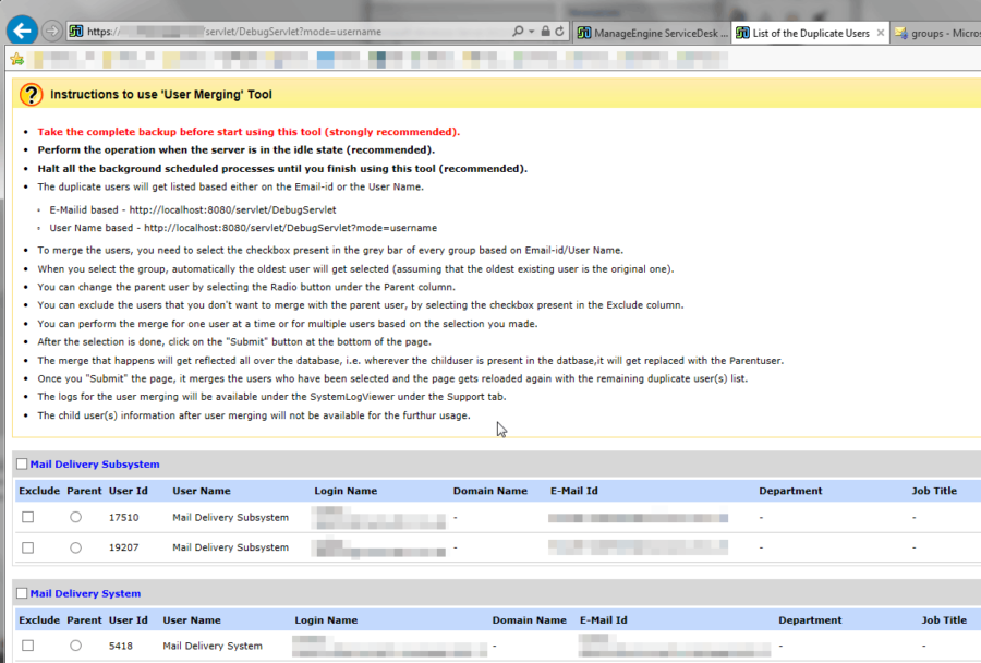 ManageEngine SDP Merge Users